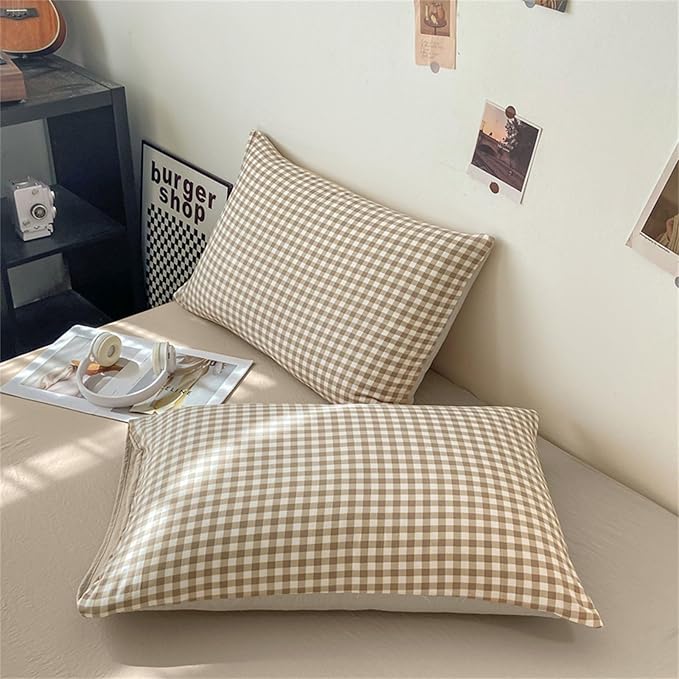 Nayoroom Gingham Duvet Cover Set Full Brown Tan Plaid Checkered Bedding | Reversible Farmhouse Dorm Bedding, Soft Breathable Washed Microfiber, All-Season Comfort, Hidden Zipper, 4 Corner Ties