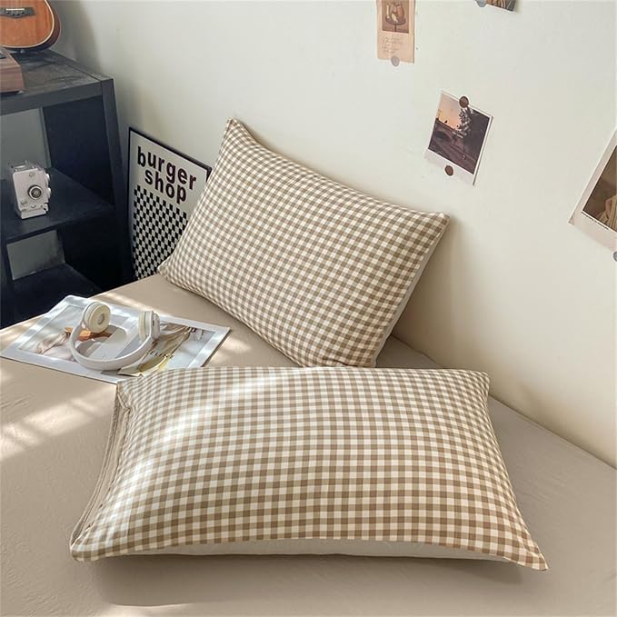 Nayoroom Gingham Duvet Cover Set Full Brown Tan Plaid Checkered Bedding | Reversible, Soft Breathable Washed Microfiber, All-Season Comfort, Hidden Zipper, 4 Corner Ties, Farmhouse Dorm Bedding