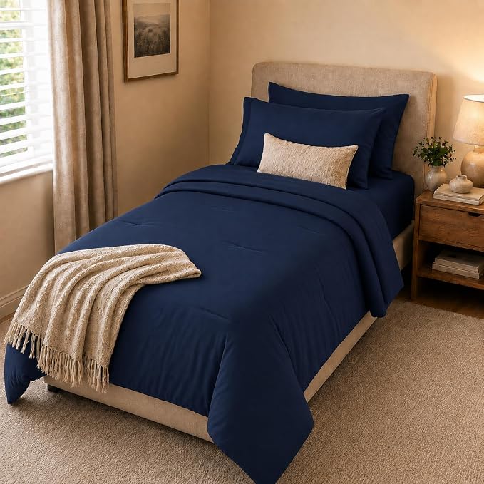 HIMEET Twin Comforter Sets, 5-Piece Point-Quilted Bed in a Bag, Navy Blue | OEKO-TEX Certified, Lightweight 240 GSM Comforter, Flat Sheet, 14-Inch Deep-Pocket Fitted Sheet, Pillowcase & Sham