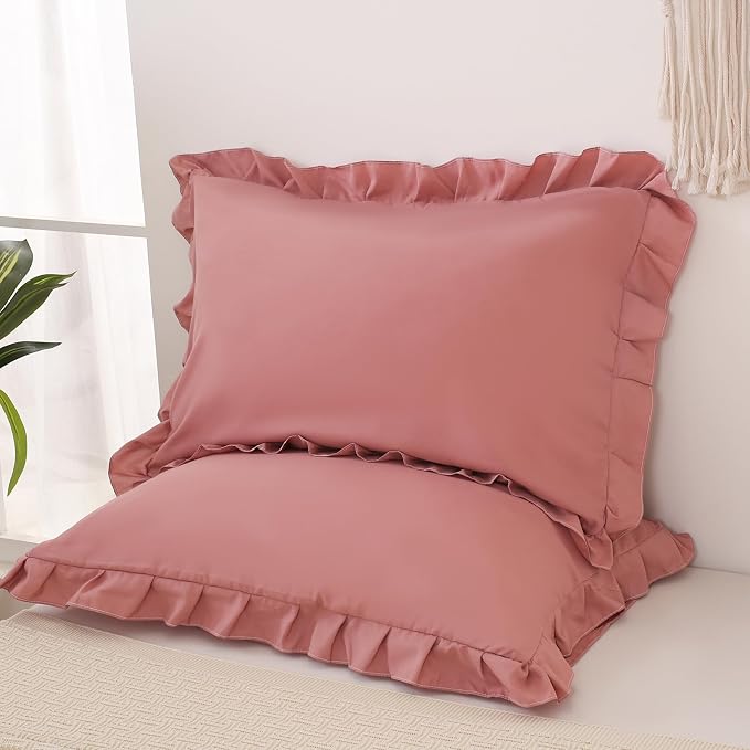 Merryword Pink Mocha Pillowcases King Pillowcases Ruffled Pillow Shams Set of 2 Cute Pillowcases Solid Ruffled Fringe Design Pink Shabby Chic Pillowcases 2 Pack (King (20''x36''), Pink Mocha)