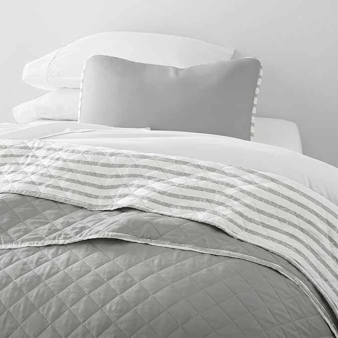 Merit Linens Soft Quilt Coverlet Bedding Set - Pattern/Solid Reversible - Twin/TwinXL Light Gray