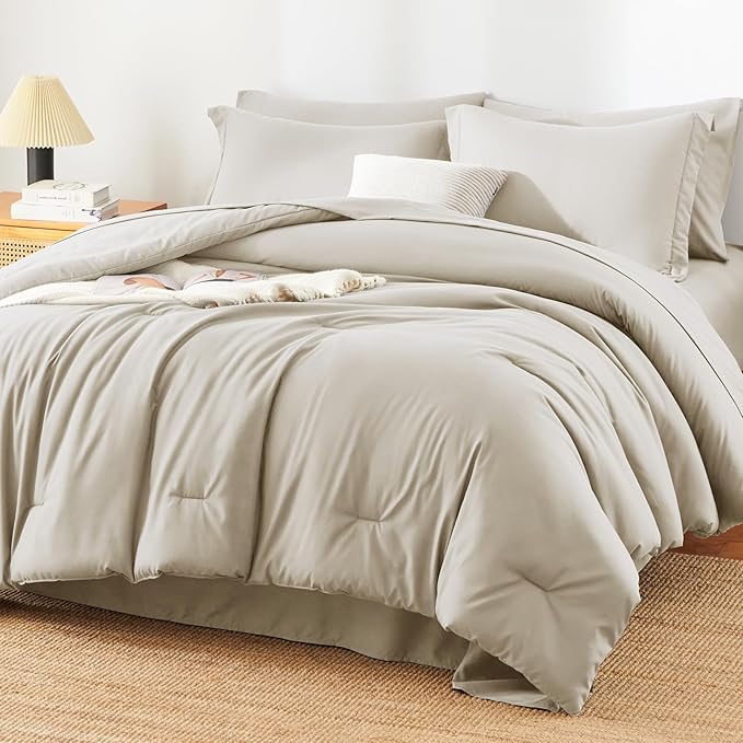 HIMEET King Comforter Set, 7-Piece Point-Quilted Bed in a Bag, Beige | OEKO-TEX Certified, Lightweight 240 GSM Comforter, Flat Sheet, 14-Inch Deep-Pocket Fitted Sheet, Pillowcases & Shams