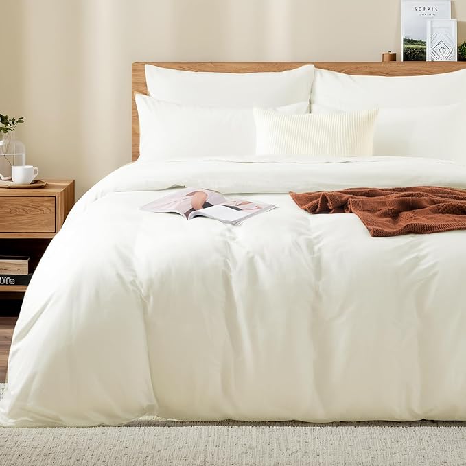 NEXHOME PRO Full Duvet Cover Set, 100% Washed Cotton with Linen-Like Texture, Natural Organic, Breathable & Comfortable, Includes Home Bedding Set Milk White (No Comforter) 8090