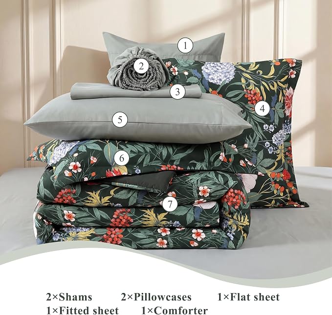 King Size Comforter Set-7 Pieces Green Floral Bed in a Bag King Bedding Set | All Season Botanical Flowers Comforter Set with Sheets, Pillowcases & Shams