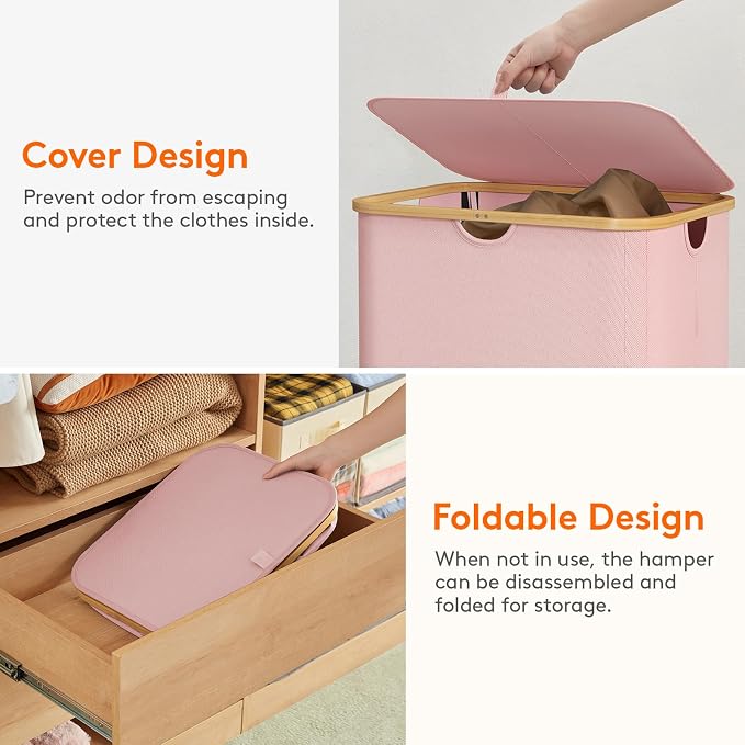 Lifewit 150L Laundry Basket with Lid, Clothes Hampers for Laundry with Bamboo Handles and 2 Removable Bag, Large Foldable Laundry Hamper for Bedroom, Bathroom, Dorm, Laundry Room, Pink