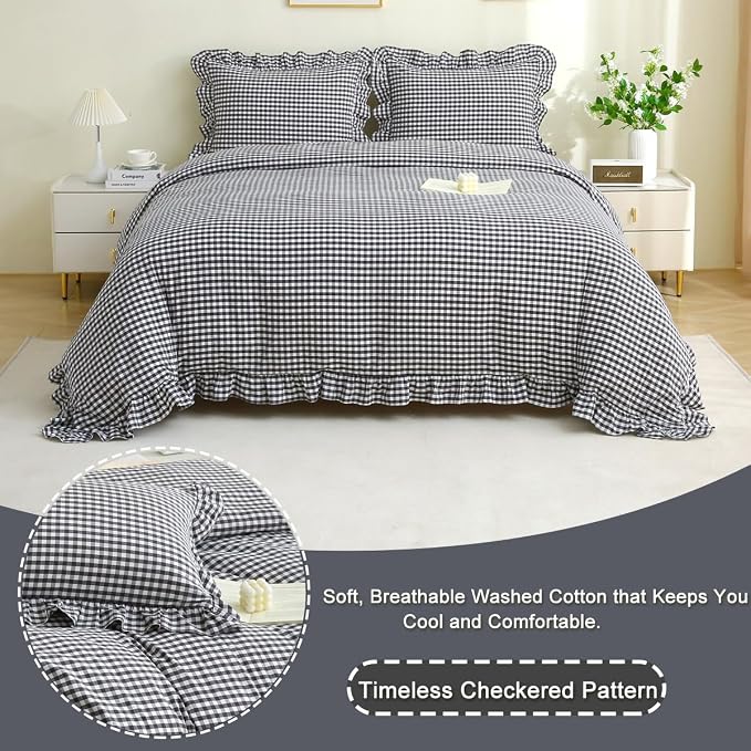 Silnuo Black/White Gingham Plaid Ruffle 3-Piece Duvet Cover Set King Size | 100% Washed Cotton Shabby Checkered Bedding Set Farmhouse Comforter Cover Set(King,Black/White)