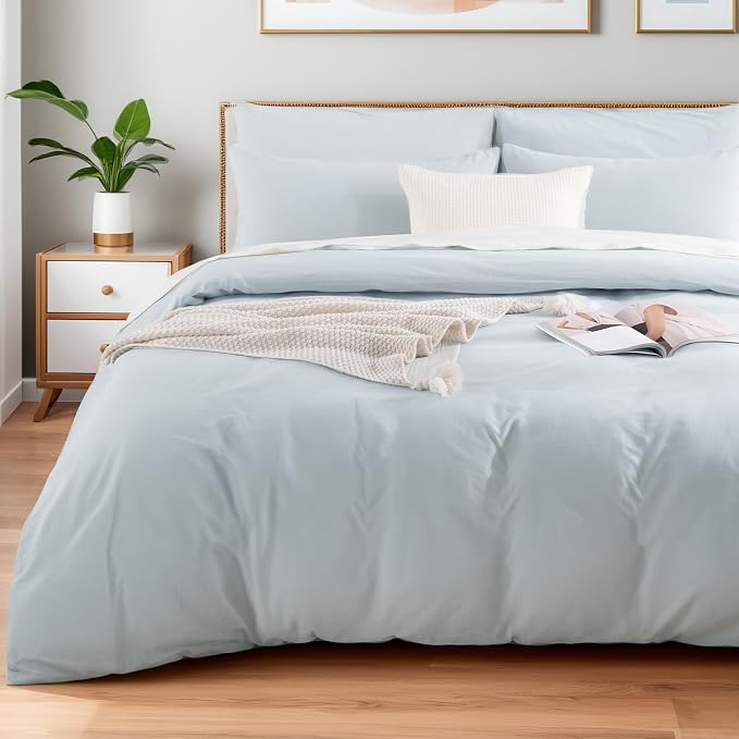 NEXHOME PRO Duvet Cover Set 100% Washed Cotton Full Size Linen Feel Textured Organic Natural 3 Pieces Bedding Set with Zipper Closure and Corner Ties, Breathable (Baby Blue, No Comforter)