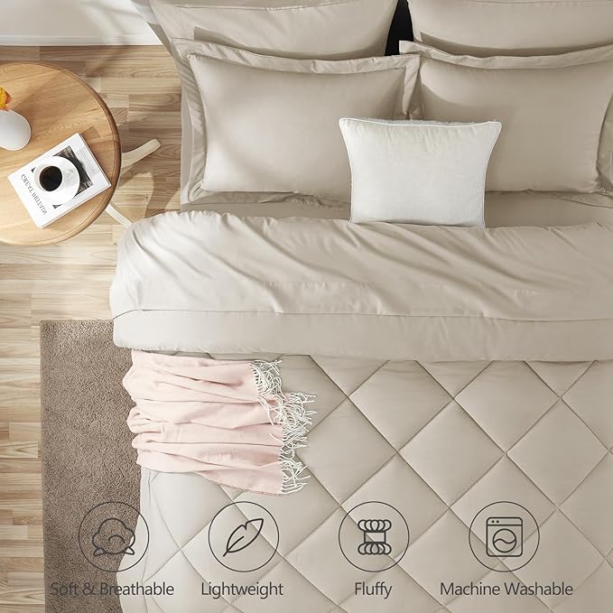 Full Size Comforter Sets Oatmeal - 7 Pieces Complete Bedding Set | OEKO-TEX Certified, All Season, 240GSM Down-Alternative Comforter, Sheets, Pillowcases & Shams, 14" Deep Pocket, Easy Care