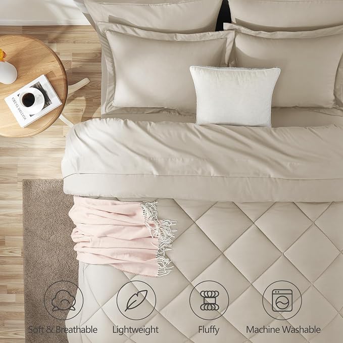California King Size Comforter Set Oatmeal - 7 Pieces Bed in a Bag | OEKO-TEX Certified, All Season, 240GSM Down-Alternative Comforter, Sheets, Pillowcases & Shams, 14" Deep Pocket, Easy Care