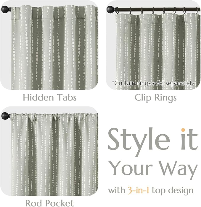 jinchan Boho Blackout Curtains 84 Inches Long Moon Phase Printed Drapes | Grey Farmhouse Curtains for Bedroom Living Room Back Tab Drapes Room Darkening Window Treatments 2 Panels