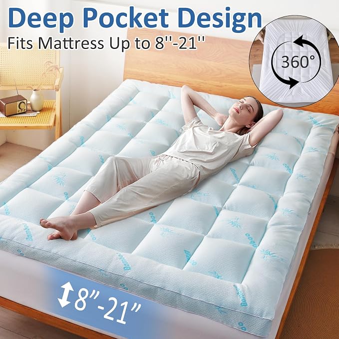 Favorland Mattress Topper Twin Size - Cooling Extra Thick Breathable Viscose Made from Bamboo Mattress pad - Soft Quilted Fitted Mattress Cover with 900 GSM Down Alternative Fill (8-21”Deep Pocket)