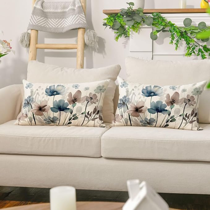 AVOIN colorlife Poppy Flowers Blue Brown Pillow Covers 12x20 Inch Set of 2 | Chinoiserie Seasonal Fall Leaves Cushion Case Decoration for Sofa Couch