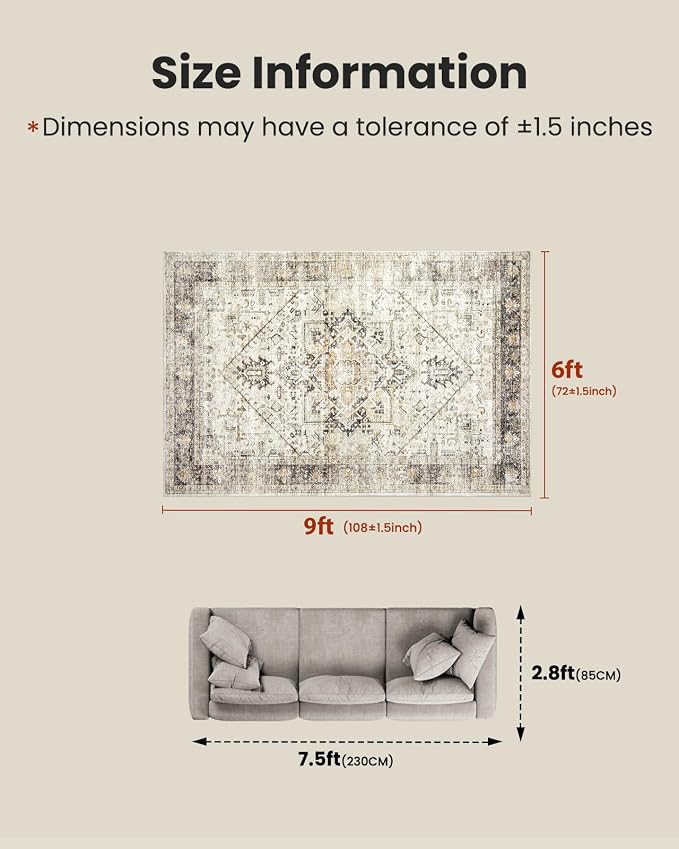 AMADA HOMEFURNISHING 6x9 Area Rugs, Blue Low-Profile Washable Rug with Non-Slip Backing & Durable Edge Binding, Vintage Rugs for Living Room, Bedroom, Dinning Room