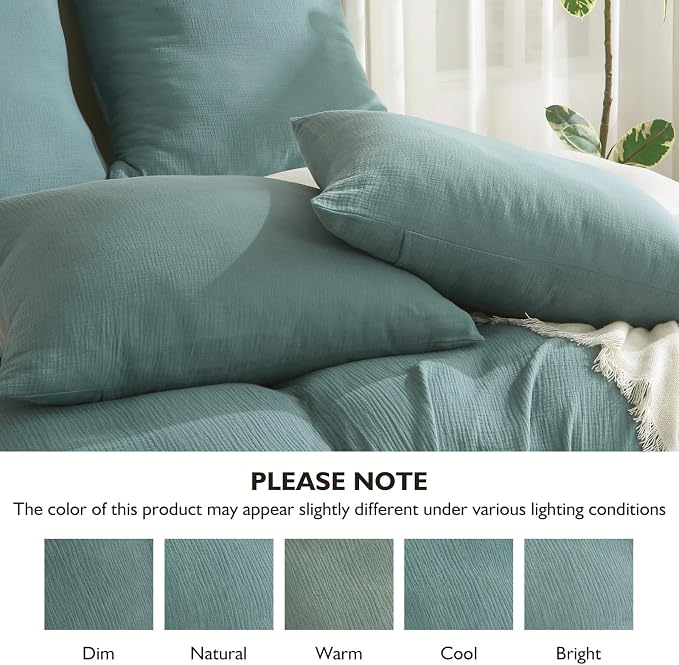 EMME Cotton Muslin Duvet Cover Set Twin Size Linen Like Soft Breathable Lightweight Summer Comforter Cover Set with Zipper Closure (Teal&White, Twin, 68"x90")