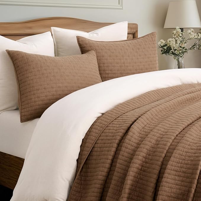 100% Cotton Cross Stitch 3-Piece Quilt Set, King, Camel Brown | 100% Cotton, Elegant Cross Stitch, Soft & Breathable, Prewashed Softness, Oversized Design, OEKO-TEX® Certified