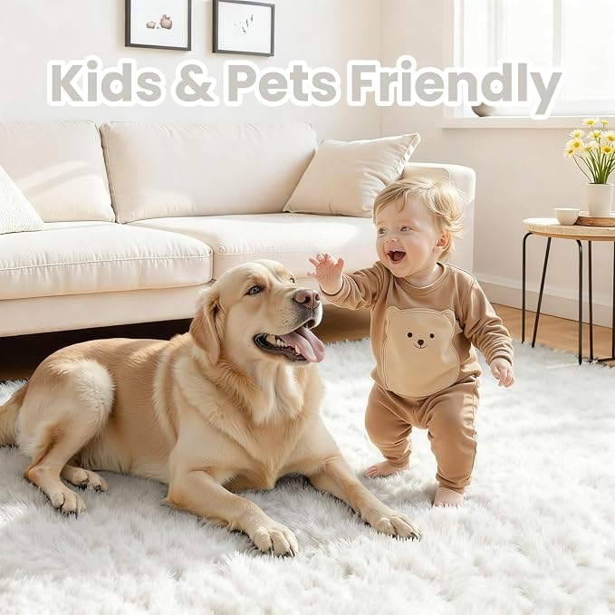 8x10 Fluffy Shag Area Rugs for Living Room Bedroom: Soft Plush Carpet White | Upgraded Non-Slip Thick Memory Foam, Ultra Soft, Non-Shedding Fuzzy Carpet, Easy Clean Decor for Kids Room, Nursery, Playroom