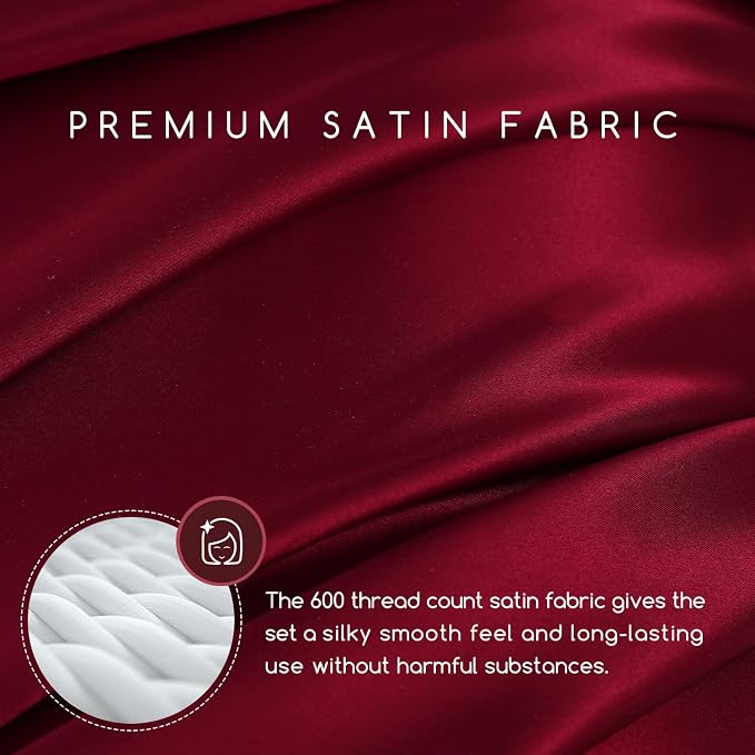MR&HM Satin Sheets King Size with Elastic Corner Straps, Burgundy | Similar to Silk, 4-Piece Silky Soft Bed Sheet Set, Gentle on Skin and Hair, 15" Deep Pocket, Cooling & Breathable