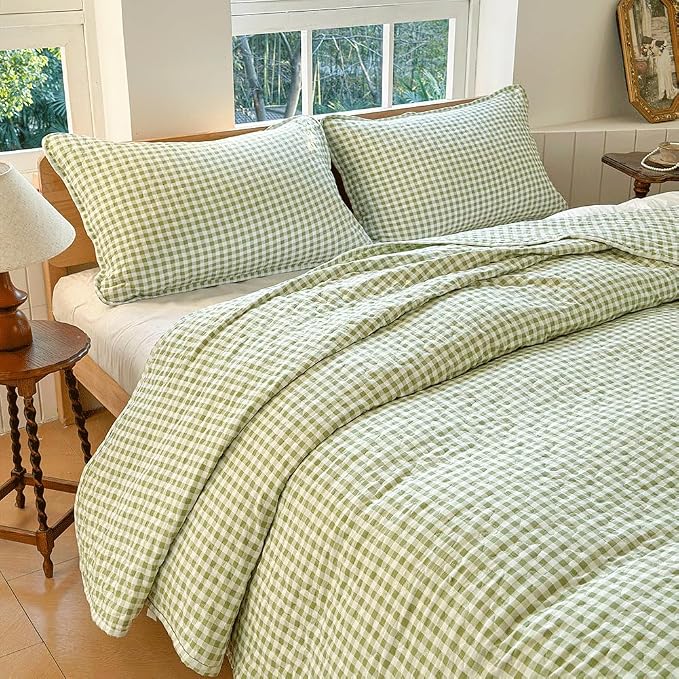 NSNLGSGC Sage Green Gingham Queen Summer Bedspread Quilt Set | Pre-washed Microfiber,Lightweight Checked Grid Bedding Coverlets for All Seasons