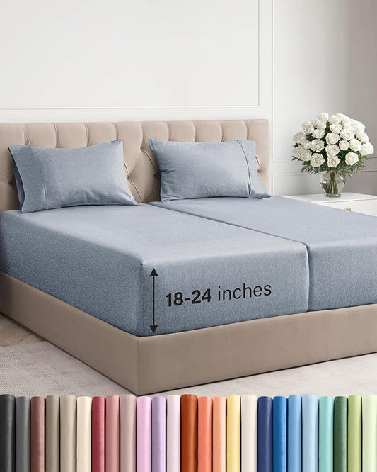 Extra Deep Split King Sheet Set - 5 Piece Cooling Sheets - Heathered Blue | Easily Fits 18 to 24 inch Mattress - Ultra Soft, Wrinkle & Fade Free with Extra Deep Pockets - Comfy Hotel Luxury Bedding