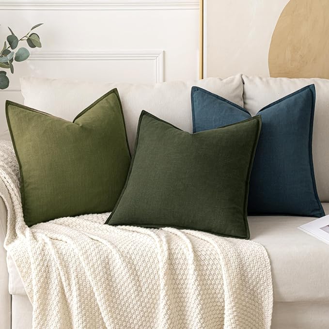 MIULEE Decorative Linen Pillow Covers 18x18 Inch Green | Boho Farmhouse Neutral Couch Throw Pillows for Bed, Pack of 2 Accent Modern Pillowcases, Sofa Livingroom Home Decor