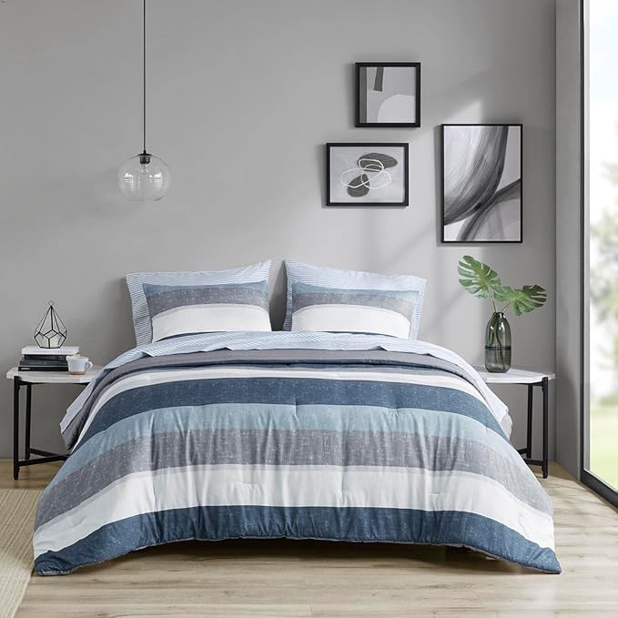 Madison Park Essentials Jaxon Full Size Comforter Set, Bed in A Bag Comforter & Sheet Set, Modern Casual Stripes Print, All Seasons, Soft Microfiber Bedding Makeover, Sham, Full, Blue/Grey 7 Piece