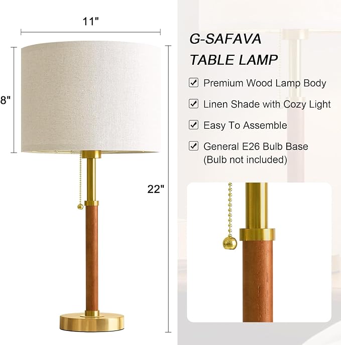 22" Wood Table Lamps Mid Century Modern Lamp for Bedroom Living Room | Bedside Lamps for Night Stands Nightstand Lamp with Pull Chain Gold Small Side End Table Lamps Set of 2 Vintage Deco Gifts