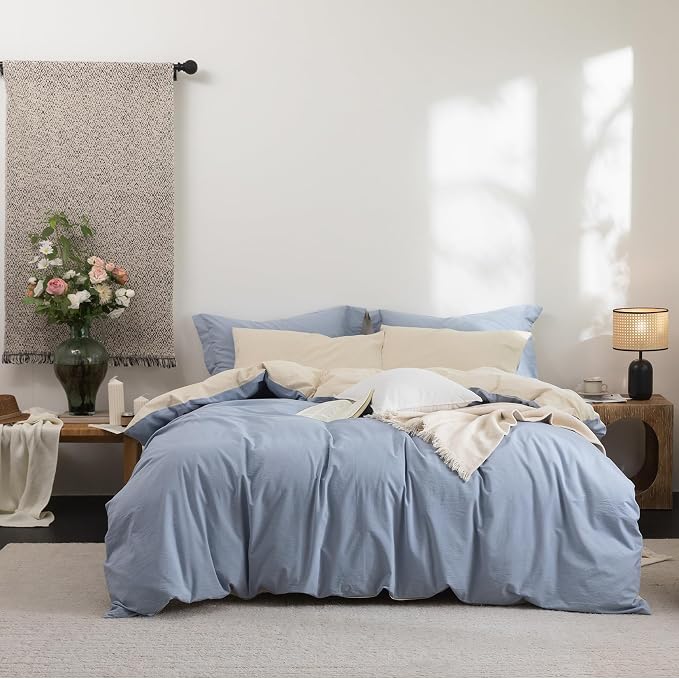 BDEAR 3Pcs Reversible Duvet Cover Set Cal King Size, Blue and Almond Grey | 100% Washed Cotton, 1 Duvet Cover with 2 Pillowcases, Zipper Closure, OEKO TEX Standard,8 Corner Ties,Linen-Liked Texture