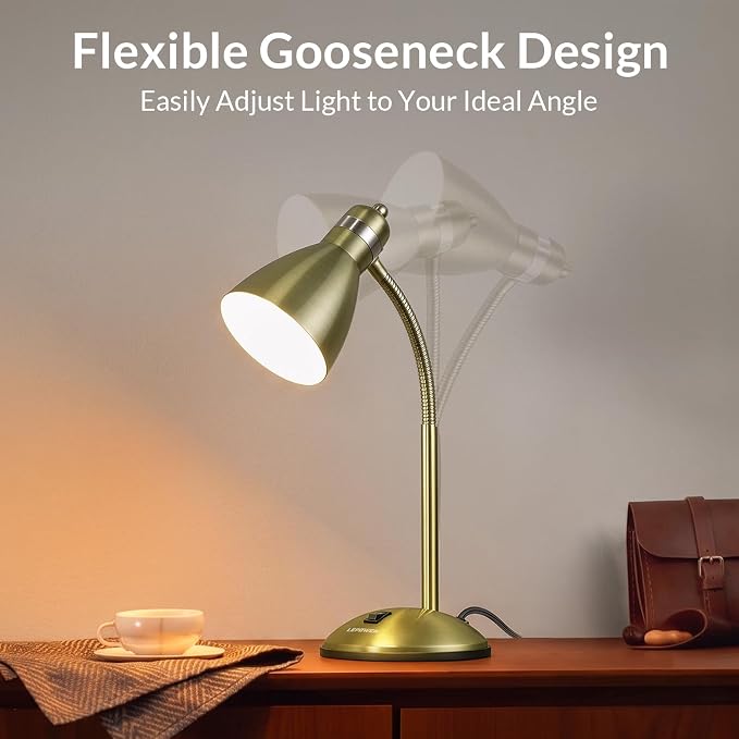 LEPOWER Metal Desk Lamp, Adjustable GooseNeck Reading Light for Bedroom | Compact & Sturdy, Space-Saving for Bedside & Dorm, E26 Table Lamp, Eye-Caring, Ideal for Study, Office, Back to School