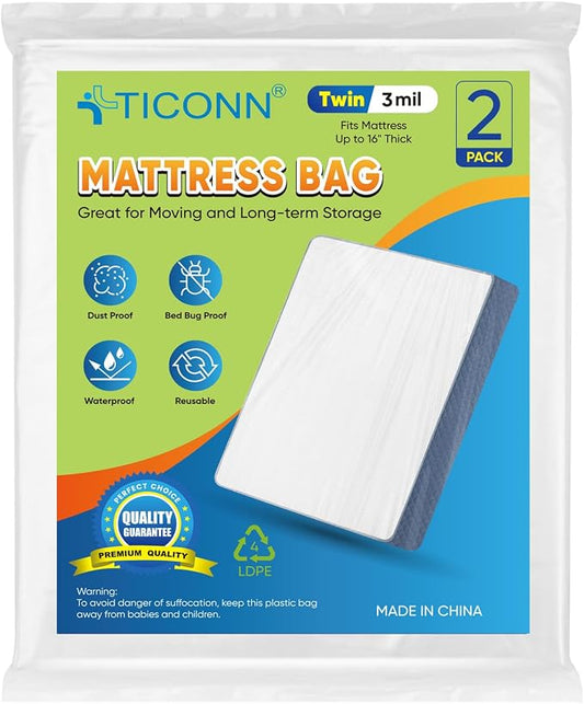 TICONN 2PK Plastic Mattress Bags for Moving, Waterproof Mattress Cover | 3D Gusset Design, Tear Resistant & Dust Protection, Multiple Sizes /Thickness Options, Reusable Mattress Protector