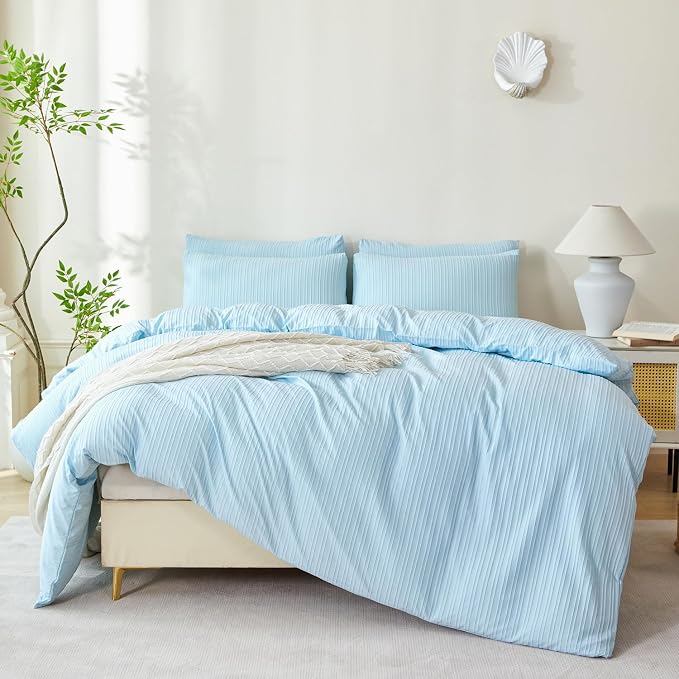 Light Blue Striped Comforter Set Queen Soft Luxury Washed Microfiber Jacquard 3 Pieces Bedding, Blue Vertical Ticking Stripes Comforter with 2 Pillowcases Breathable Durable Comfy