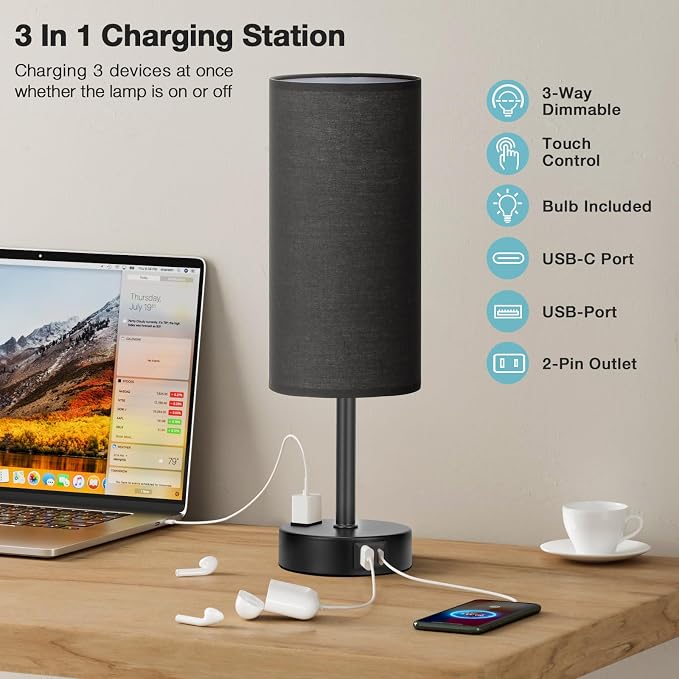Black Bedside Lamp for Bedroom, Dimmable Touch, USB A+C, AC Outlet | 3-Way Dimmable, LED Bulb Included, USB C+A Charging Ports, Black Fabric Lampshade, Metal Base, 14in Small Table Lamp