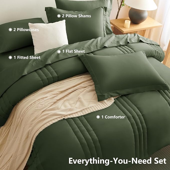 Queen Comforter Set Olive Green - 7 Pieces Bed in a Bag | OEKO-TEX Certified, 240GSM Down-Alternative Comforter, 14" Deep-Pocket Sheets, Shams & Pillowcases, Lightweight