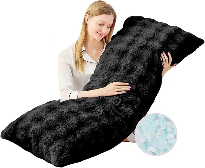 YZ HOME Faux Fur Fluffy Body Pillow for Adults, Soft Support | Firm Body Pillow, Adjustable Support for Side Sleeping, Pregnant Women, Washable cover,Gifts, 20x54 Inch (Black)