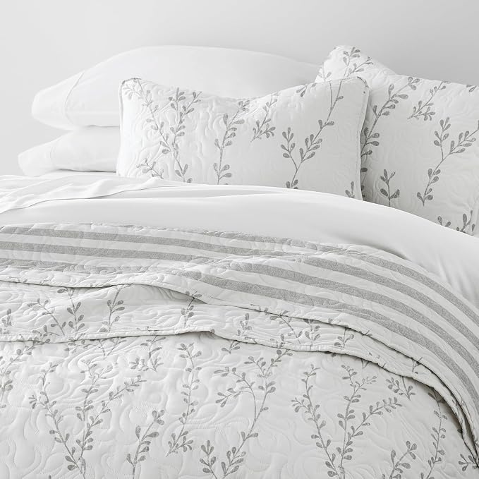 Merit Linens Soft Quilt Coverlet Bedding Set - Reversible Patterns - Twin/TwinXL Light Gray