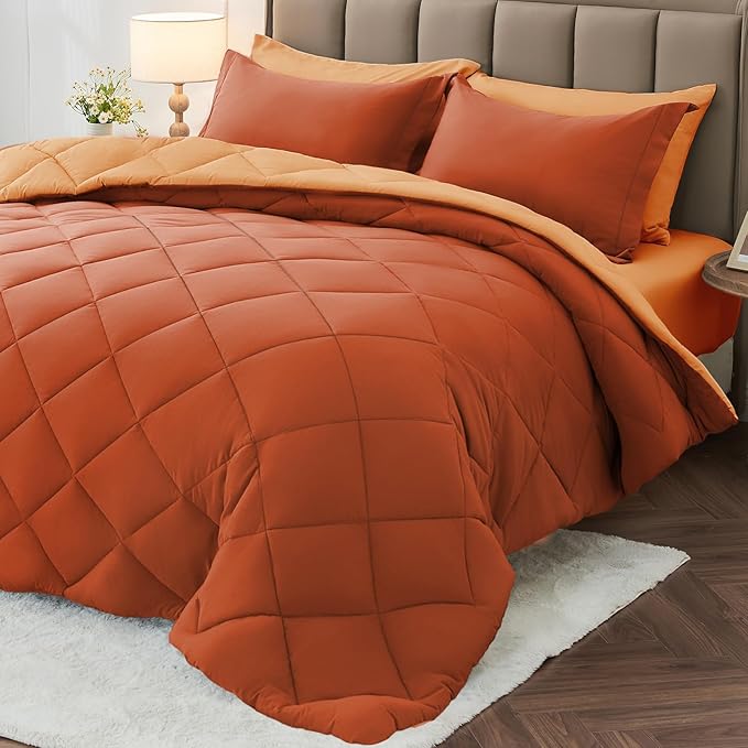 7 Pieces Oversized Queen Comforter Set, Reversible Bed in a Bag Oversized Queen Size, All Season Bedding Set with Comforter, Flat Sheet, Fitted Sheet, Pillowcases & Shams, Burnt Orange & Camel
