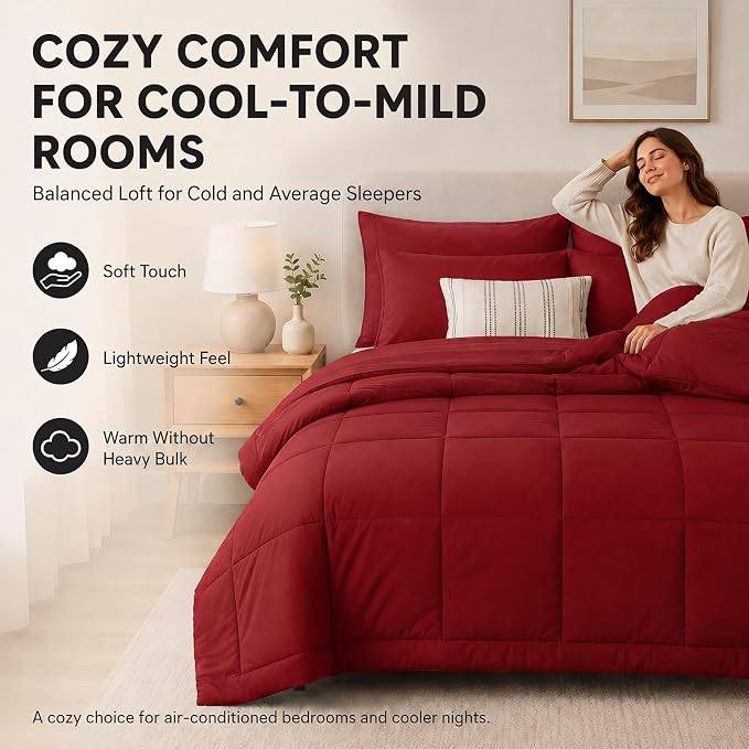 King Size Comforter Set Dark Red - 7 Pieces Bed in a Bag | OEKO-TEX Certified, All-Season, Bedroom, Guest Room, Down-Alternative Comforter + Flat & Fitted Sheets + 4 Pillowcases