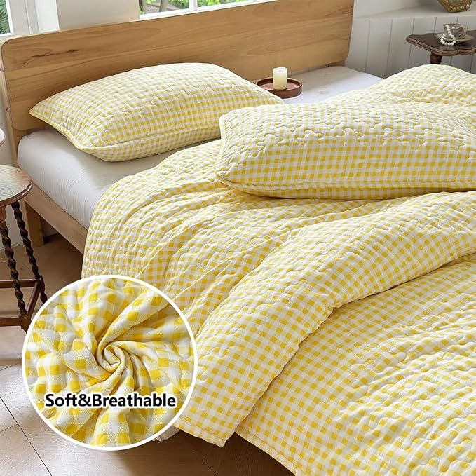 NSNLGSGC Yellow Gingham King Summer Bedspread Quilt Set | Pre-washed Microfiber,Lightweight Checked Grid Bedding Coverlets for All Seasons