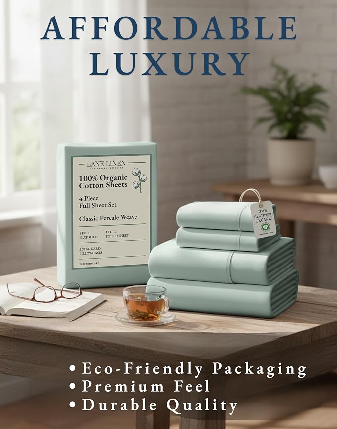 LANE LINEN Full Sheet Set 100% Organic Cotton Percale Cooling - Cool Blue | Full Sheet Set, Organic Cotton Percale - Crisp, Cool & Breathable, For Hot Sleepers, All-Season Comfort, For Guest Bedrooms