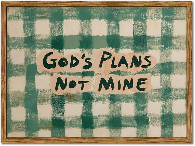 Framed God's Plans Not Mine Canvas Wall Art, Inspirational Faith Quote Pictures Wall Decor, Green Gingham Paintings Prints Christian Home Decor for Living Room Bedroom Dorm Office 12x16 inch