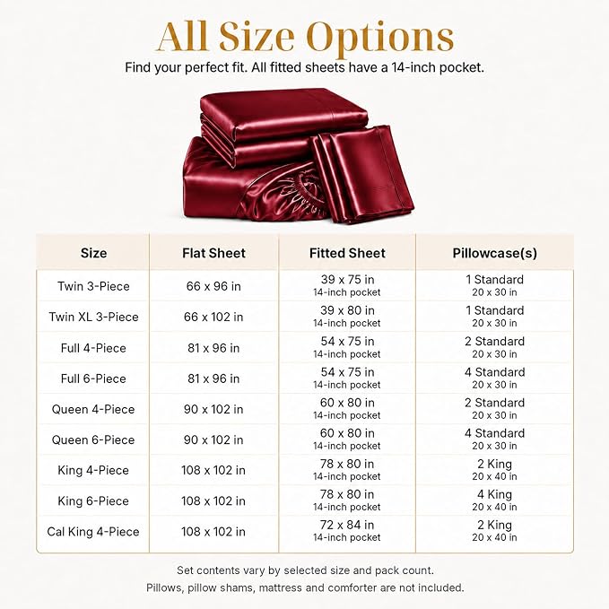 CozyLux Satin Sheets King, 6-Piece 14-Inch Deep Pocket Sheet Set | OEKO-TEX Certified Silky Soft Sheet Set for Hair & Skin, Luxurious Silky-Smooth Satin for Elegant Bedroom Decor, Burgundy