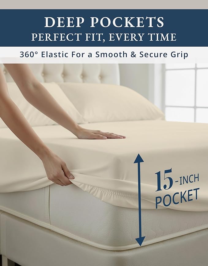LANE LINEN Cal King Bed Sheets 100% Egyptian Cotton Sateen - Ivory | Cooling Sheets California King - 4-Piece Set, For A Luxurious Night's Sleep, For Guests And Everyday Use, Cozy Feel