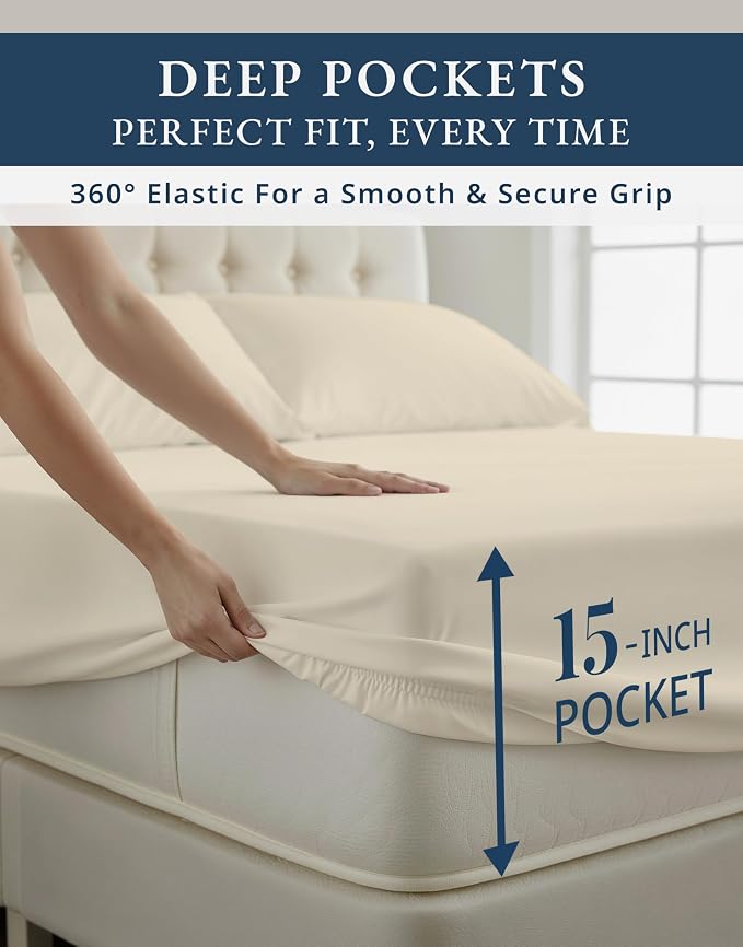 LANE LINEN Queen Bed Sheets 100% Egyptian Cotton Sateen - Ivory | Sheets Queen Size Bed Set - 4-Piece Set, For A Luxurious Night's Sleep, For Guests And Everyday Use, Luxe Sheen,