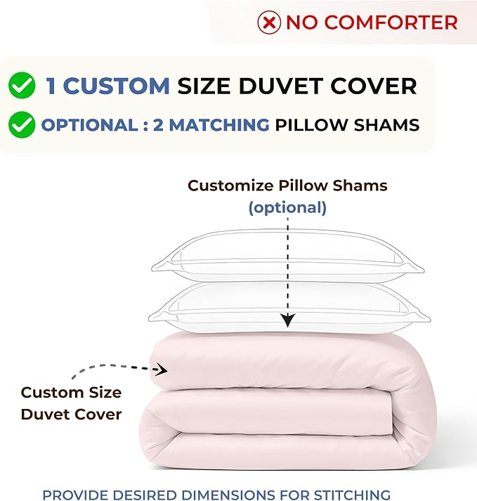 Custom Duvet Cover - 100% Egyptian Cotton 600 Thread Count Soft Premium Breathable Customizable Comforter Cover(Desired Dimensions)- Zipper Closure & 7 Internal Ties -Pink Blush