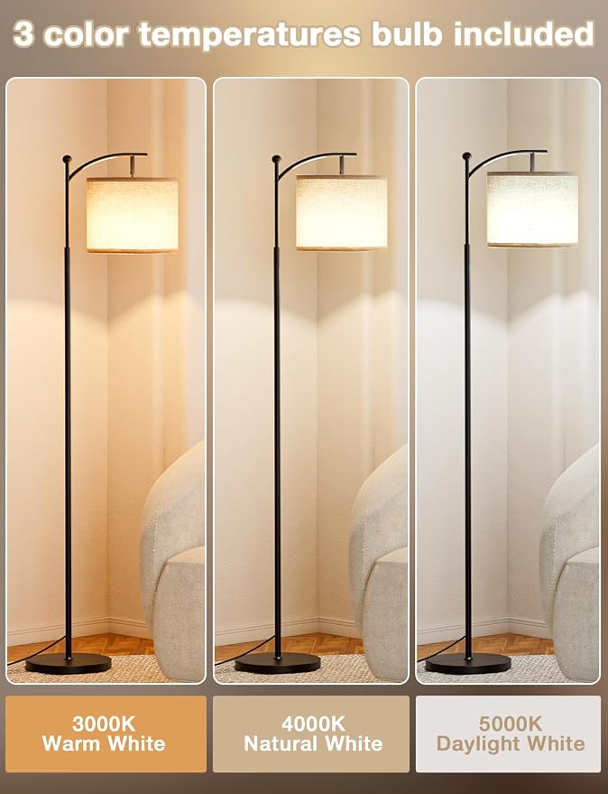 60" Modern Floor Lamp with Beige Shade, 9W LED Bulb | 3 Color Temperatures Bulb, Adjustable Linen Shade, Standing Lamps for Living Room Bedroom Office Classroom Dorm, Black Pole