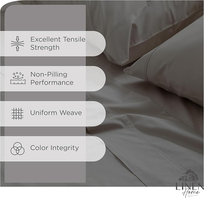 Linen Home 100% Cotton Percale Sheets Queen Size, Charcoal, Deep Pocket, 6 Pieces Set- 1 Flat, 1 Fitted and 4 Pillowcases, Crisp Cool and Long Staple Strong Bed Linen