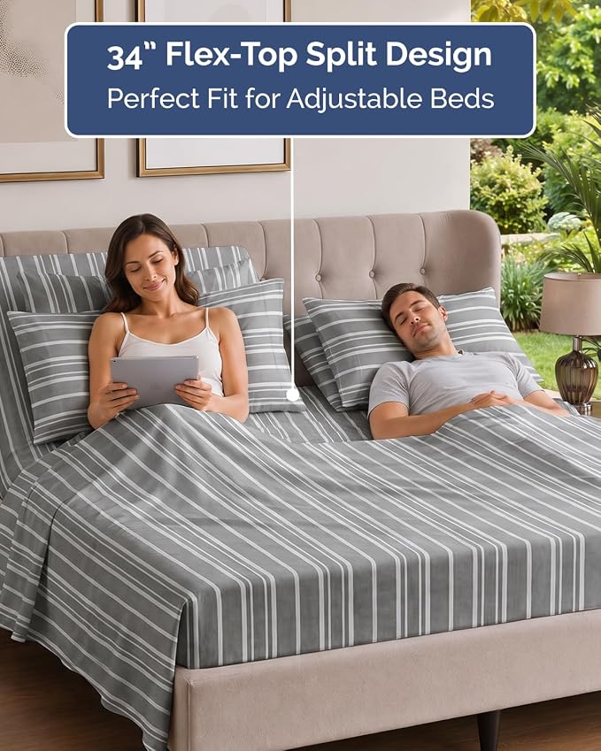 Flex Top Split Head King 6 Piece Sheet Set - Soft & Cooling - Grey Stripes | Ultra Soft Hotel Luxury Bedding Set w/ 8-16 Inch Deep Pockets, 1 Flat & 1 Split-Head Fitted Sheet & 4 Pillowcases, Fade Free
