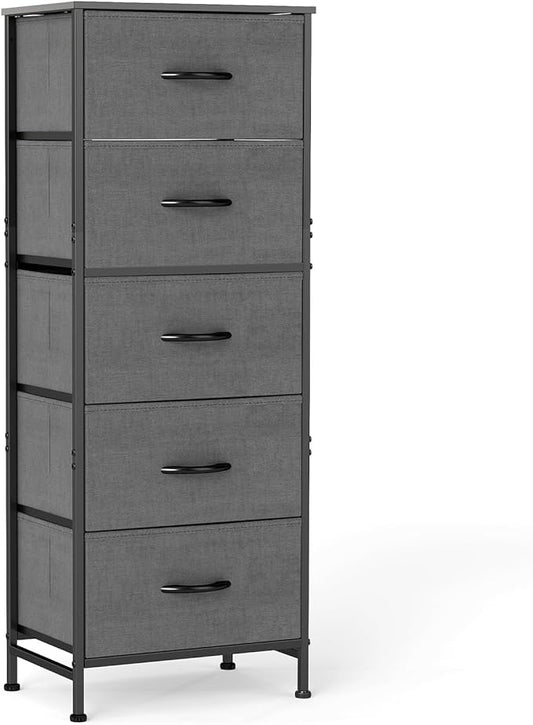 Sweetcrispy 5 Storage Drawer Bedroom Dresser, Tall Dresser for Organizer | Chest of 5 Drawers for Home Storage, Narrow Nightstand, Durable Clothes Oragnizer, Sturdy Frame and Wooden Top, Gray