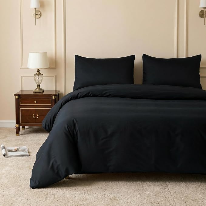 HeimenAogo Egyptian Cotton Duvet Cover Queen Size Sateen Weave, Silky Soft and Breathable Bedding Set with Zipper Closure, Long Staple Cotton Bed Linen Pure Black 3Pcs (90"×90")
