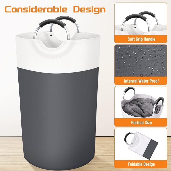BlissTotes Laundry Basket, Laundry Hamper, Collapsible Laundry Baskets, Dirty Clothes Hamper, Waterproof Laundry Basket with Foam Protected Aluminum Handles for College Dorm, Family 90L (Gray) | Collapsible Dirty Clothes Hamper, Foldable Laundry Bag fo...