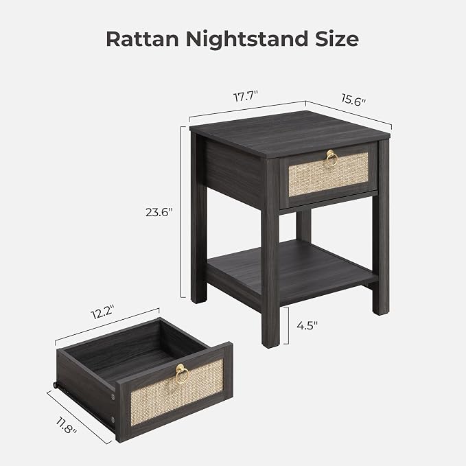 SICOTAS Rattan Nightstand Set of 2 with Storage Shelf, Boho Bedside Tables | Night Stand Set of 2 with Rattan Drawer, Boho End Tables with Storage for Bedroom, Guest Room, Apartment, and Small Spaces